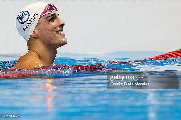 Bruno Fratus of Brazil celebrates after swimming the Men's 50m Freestyle finals during the Maria Lenk Trophy competition at the Aquece Rio Test Event...