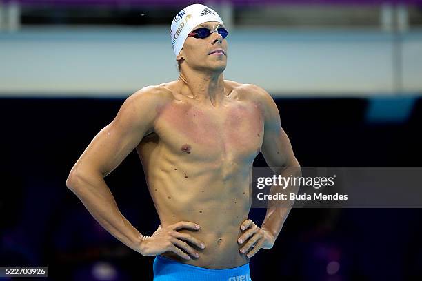 Cesar Cielo of Brazil swims the Men's 50m Freestyle finals during the Maria Lenk Trophy competition at the Aquece Rio Test Event for the Rio 2016...