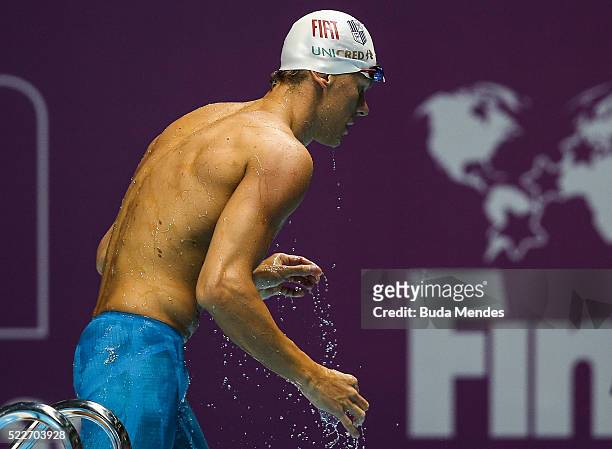 Cesar Cielo of Brazil reacts after swimming the Men's 50m Freestyle finals during the Maria Lenk Trophy competition at the Aquece Rio Test Event for...