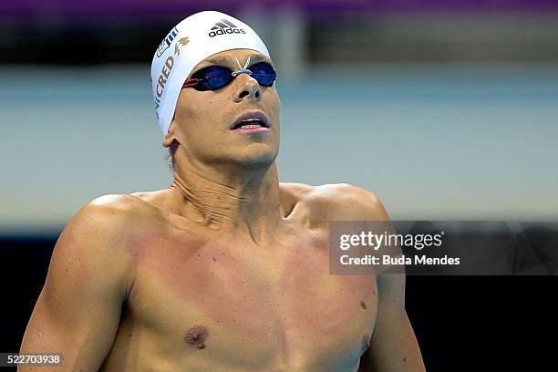 Cesar Cielo of Brazil swims the Men's 50m Freestyle finals during the Maria Lenk Trophy competition at the Aquece Rio Test Event for the Rio 2016...