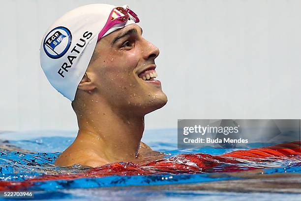 Bruno Fratus of Brazil celebrates after swimming the Men's 50m Freestyle finals during the Maria Lenk Trophy competition at the Aquece Rio Test Event...