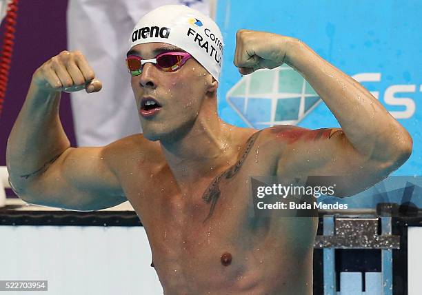 Bruno Fratus of Brazil celebrates after swimming the Men's 50m Freestyle finals during the Maria Lenk Trophy competition at the Aquece Rio Test Event...