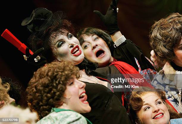 Comedian Ruby Wax poses with the cast in full costume to launch the West End leg of David Wood's stage adaptation of Roald Dahl's "The Witches" at...