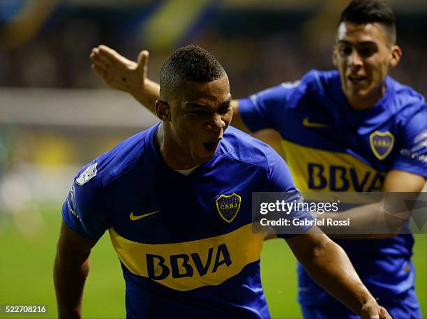 Frank Fabra of Boca Juniors celebrates after scoring the first goal of his team during a match between Boca Juniors and Deportivo Cali as part of...