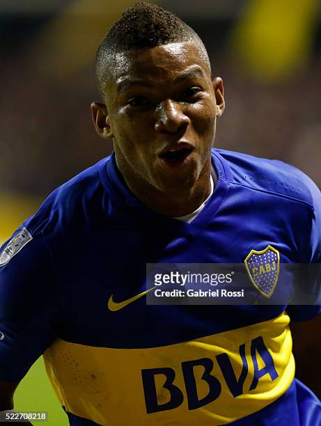 Frank Fabra of Boca Juniors celebrates after scoring the first goal of his team during a match between Boca Juniors and Deportivo Cali as part of...