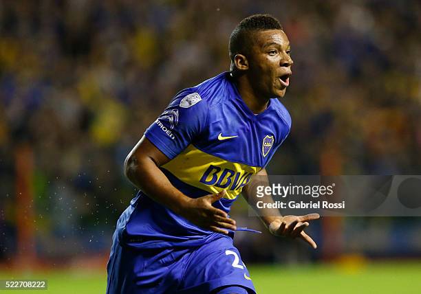 Frank Fabra of Boca Juniors celebrates after scoring the first goal of his team during a match between Boca Juniors and Deportivo Cali as part of...