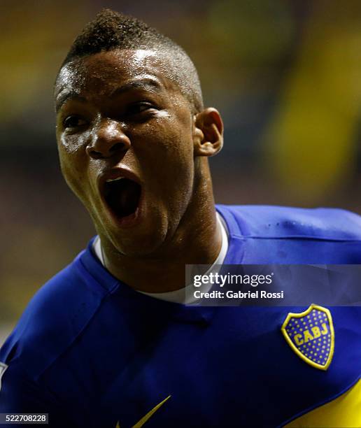 Frank Fabra of Boca Juniors celebrates after scoring the first goal of his team during a match between Boca Juniors and Deportivo Cali as part of...