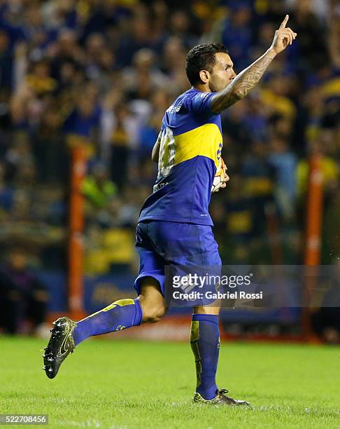 Carlos Tevez of Boca Juniors celebrates after scoring the second goal of his team during a match between Boca Juniors and Deportivo Cali as part of...
