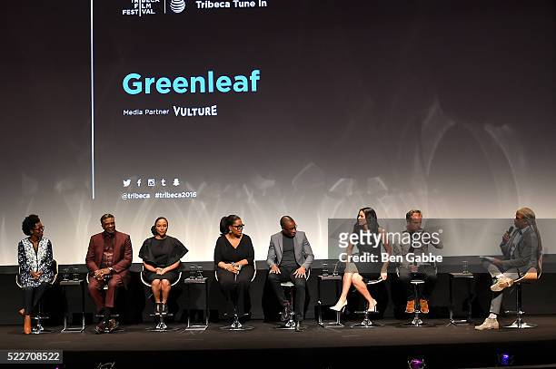 Keith David, Lynn Whitfield, Oprah Winfrey, Clement Virgo Merle Dandridge and Craig Wright speak on stage at the Tribeca Tune In: Greenleaf at BMCC...
