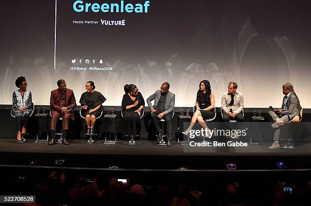 Keith David, Lynn Whitfield, Oprah Winfrey, Clement Virgo Merle Dandridge and Craig Wright speak on stage at the Tribeca Tune In: Greenleaf at BMCC...