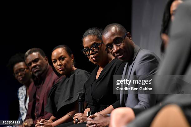 Keith David, Lynn Whitfield, Oprah Winfrey and Clement Virgo attend the Tribeca Tune In: Greenleaf at BMCC John Zuccotti Theater on April 20, 2016 in...