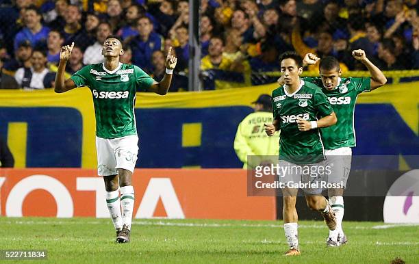 Mateo Casierra of Deportivo Cali celebrates with teammates after scoring the second goal of his team during a match between Boca Juniors and...
