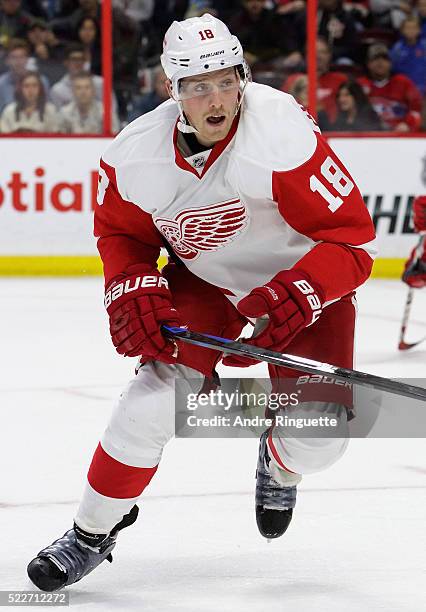 Joakim Andersson of the Detroit Red Wings plays against the Ottawa Senators at Canadian Tire Centre on November 4, 2014 in Ottawa, Ontario, Canada.