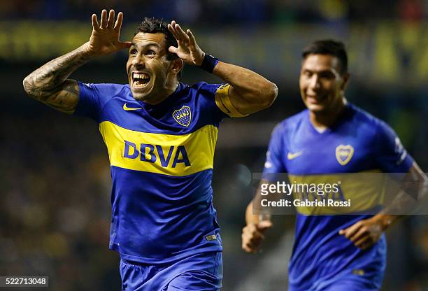 Carlos Tevez of Boca Juniors celebrates after scoring the fourth goal of his team during a match between Boca Juniors and Deportivo Cali as part of...