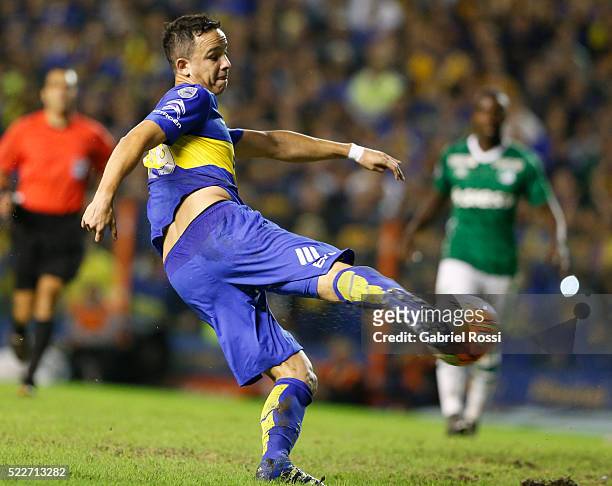 Leonardo Jara of Boca Juniors kicks the ball to score the fifth goal of his team during a match between Boca Juniors and Deportivo Cali as part of...