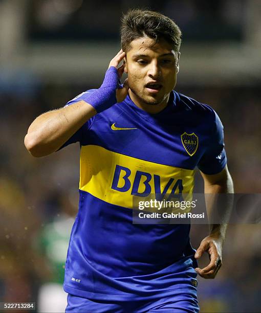 Sebastian Palacios of Boca Juniors celebrates after scoring the sixth goal of his team during a match between Boca Juniors and Deportivo Cali as part...