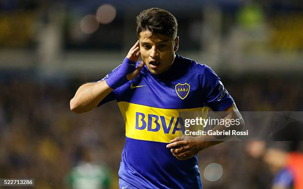 Sebastian Palacios of Boca Juniors celebrates after scoring the sixth goal of his team during a match between Boca Juniors and Deportivo Cali as part...