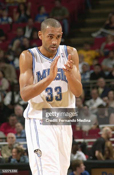 Grant Hill of the Orlando Magic celebrates during the game against the Golden State Warriors at TD Waterhouse Centre on February 8, 2005 in Orlando,...