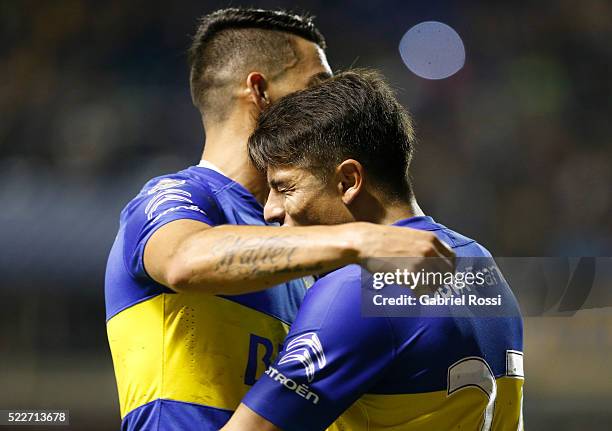 Sebastian Palacios of Boca Juniors celebrates with teammates after scoring the sixth goal of his team during a match between Boca Juniors and...