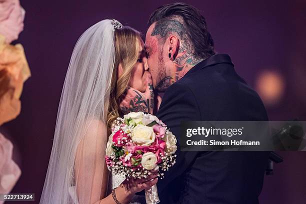 Sandra Berger and Victor Berger kiss during wedding at the second event show of the tv competition 'Deutschland sucht den Superstar' at Eberbach...