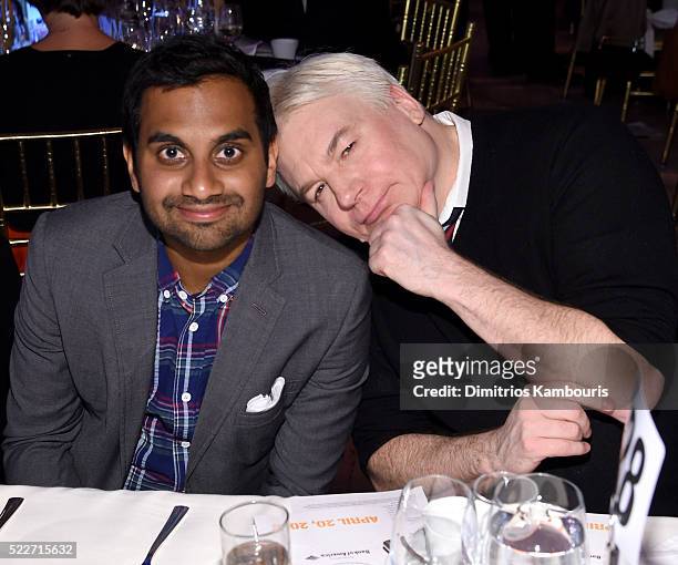 Comedian Aziz Ansari and actor Mike Meyers attend the Food Bank Of New York City's Can Do Awards 2016 hosted by Mario Batali at Cipriani Wall Street...