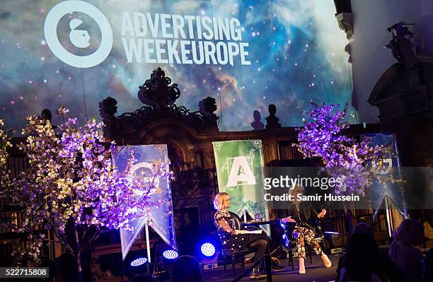 Lauren Laverne talks to Joanna Lumley during the Google Diner Advertising Week Europe 2016 at Lambeth Palace on April 20, 2016 in London, England.