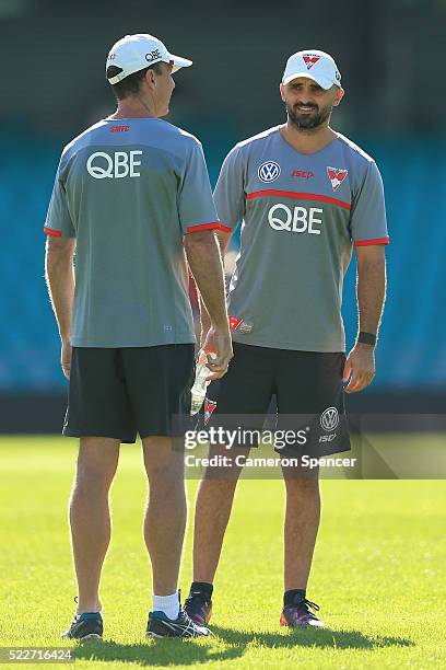 Swans reserves coach Rhyce Shaw looks on during a Sydney Swans AFL training session at Sydney Cricket Ground on April 21, 2016 in Sydney, Australia.