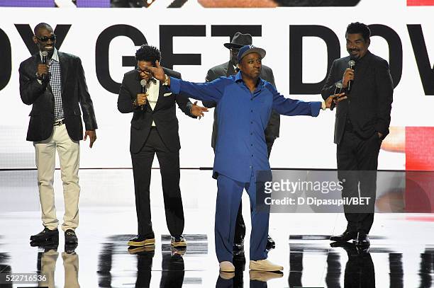 Comedians Charlie Murphy, D.L. Hughley, Cedric the Entertainer, Eddie Griffin, and George Lopez speak onstage during BET Networks 2016 Upfront at...