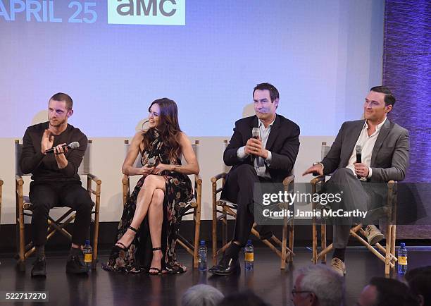 Actors Jamie Bell, Heather Lind, Ian Kahn, and Owain Yeoman attend the Premiere of AMC's Turn: Washington Spies at New York Historical Society on...