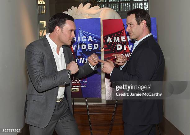 Actors Owain Yeoman and Ian Kahn attend the Premiere of AMC's Turn: Washington Spies at New York Historical Society on April 20, 2016 in New York...