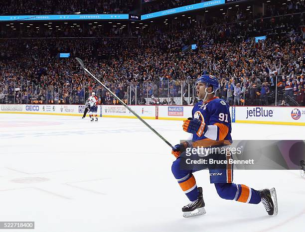 John Tavares of the New York Islanders celebrates his powerplay goal at 19:44 of the first period against the Florida Panthers in Game Four of the...