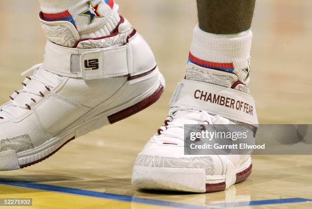Detail of Nike sneakers worn by LeBron James of the Sophmore Team are seen in the got milk? Rookie Challenge during 2005 NBA All-Star Weekend at...