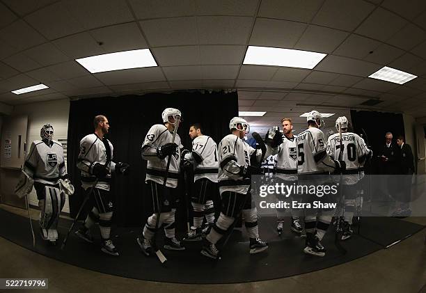 The Los Angeles Kings walk out to the ice to warm up for their game against the San Jose Sharks in Game Four of the Western Conference First Round...