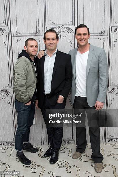 Jamie Bell, Ian Kahn, and Owain Yeoman attend the AOL Build Speaker Series to discuss "TURN" at AOL Studios In New York on April 20, 2016 in New York...