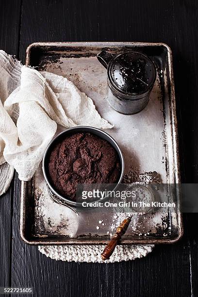 vegan chocolate tahini cake with sugar shaker - powdered sugar sifter fotografías e imágenes de stock