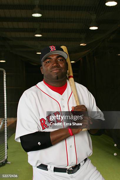 David Ortiz of the Boston Red Sox poses for a portrait during Red Sox Photo Day at the Red Sox spring training complex on February 26, 2005 in Fort...