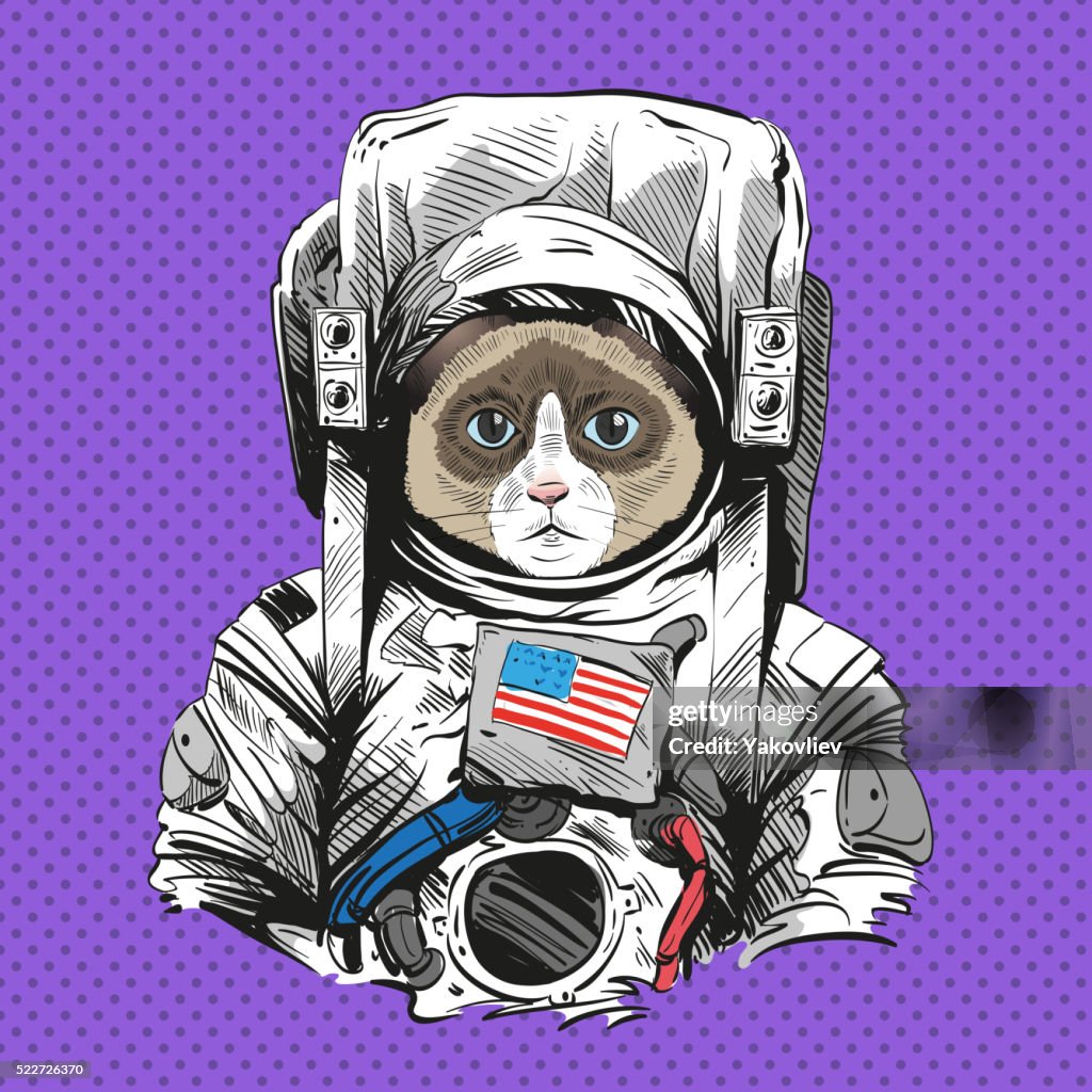 Snowshoe cat in astronaut suit. Hand drawn vector illustration