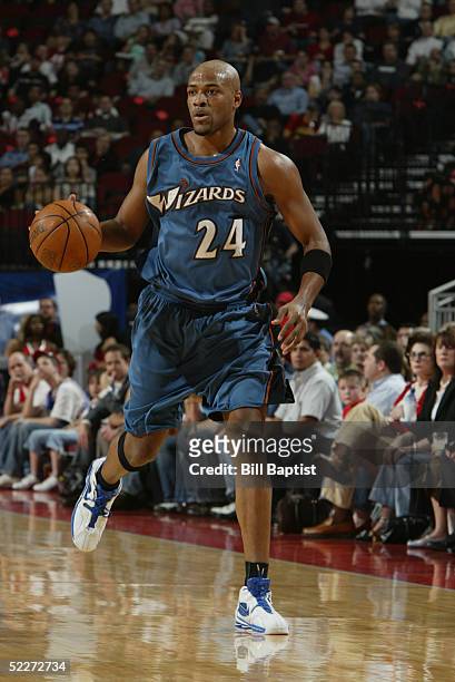 Jarvis Hayes of the Washington Wizards moves the ball against the Houston Rockets during the game on February 15, 2005 at the Toyota Center in...