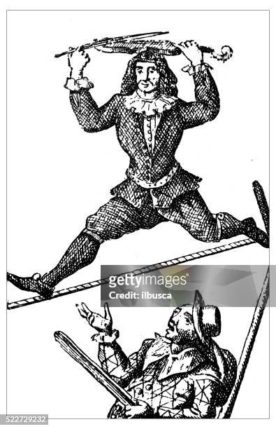 antique illustration of 18th century acrobat on the tightope (slacklining) - harlequin stock illustrations