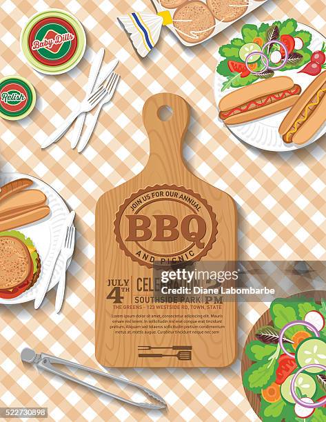 checkered tablecloth with picnic flatlay invitation template - bbq food flat lay stock illustrations