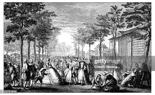 stockillustraties, clipart, cartoons en iconen met antique illustration of 18th century promenade (parisian boulevard) - walking around the french capital