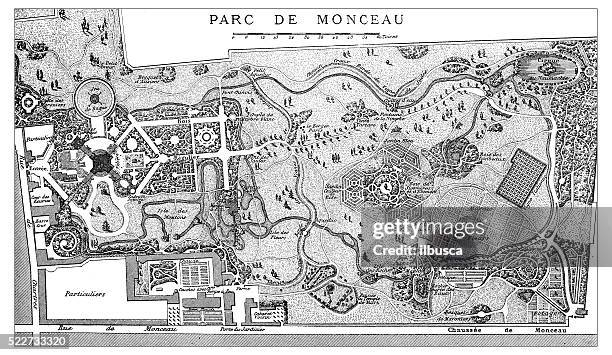 antique illustration of plan of 18th century parisian parc monceau - formal garden stock illustrations