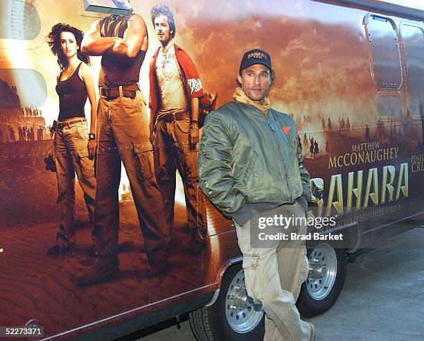 Actor Matthew McConaughey stands next to his personal Airstream trailer as he arrives at the Intrepid Sea, Air and Space Museum to promote his new...