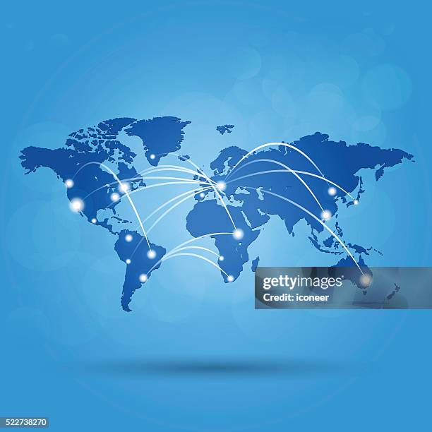 world map with white lights connected on blue marine background - world map lines stock illustrations