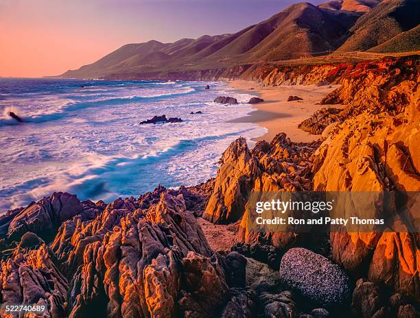 big sur sunset seascape of california coastline,rocky,beach (p) - big sur coast stock pictures, royalty-free photos & images