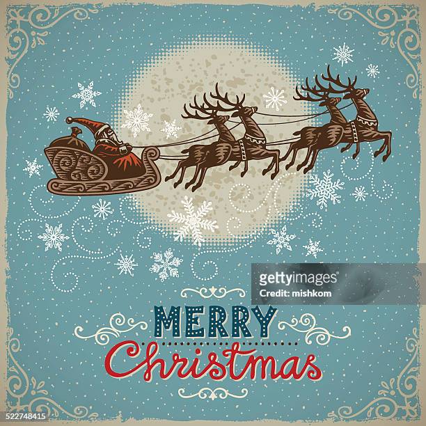 vintage weihnachten hintergrund mit santa und rentiere - vintage christmas stock-grafiken, -clipart, -cartoons und -symbole