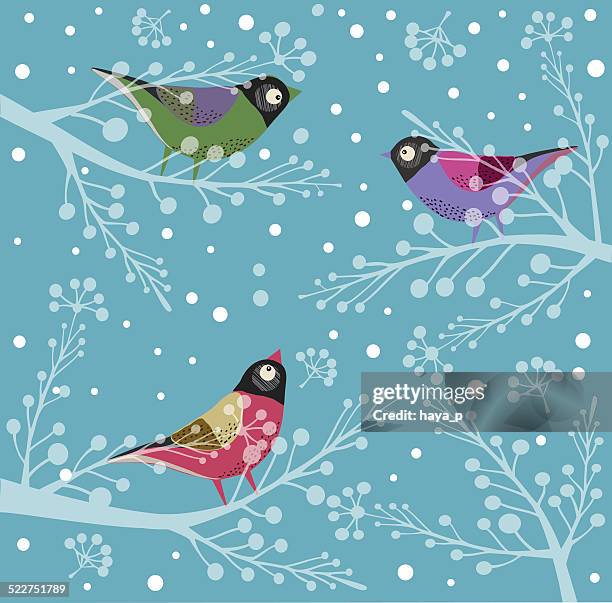 vögel am baum im winter - vogel stock-grafiken, -clipart, -cartoons und -symbole