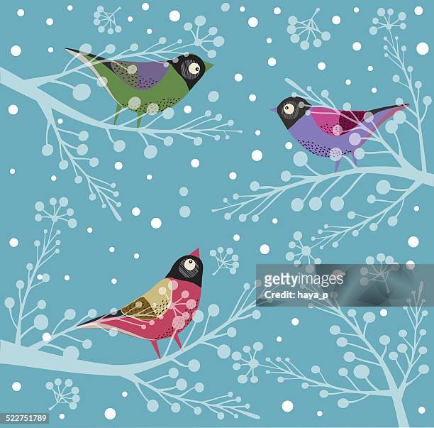 ilustraciones, imágenes clip art, dibujos animados e iconos de stock de pájaros en un árbol; invierno - linda rama