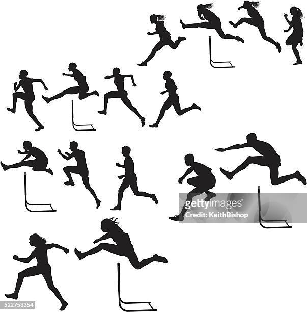 ilustraciones, imágenes clip art, dibujos animados e iconos de stock de hurdlers &  hembra-macho de raza, pista cumplir - atleta