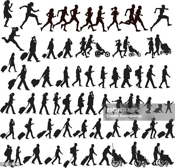 people moving - walking, running, traveling, crawling, jogging, exercising, talking - running in silhouette stock illustrations